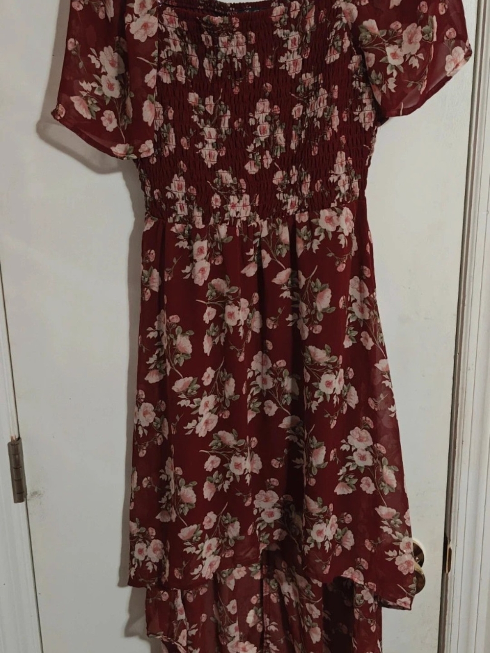 Lily Rose Burgundy Floral Smocked Off-Shoulder Dress